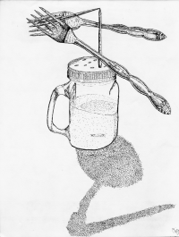 A drawing of two forks balanced on a toothpick which is balanced on a toothpick that sticks out of a salt shaker.