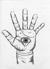 A drawing of a hand, palm facing, with an eye in the center of the palm.
