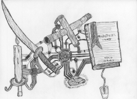 A drawing of a candle, sword, a book, a computer mouse, gold, and pypes, all connected with computer circuitry.