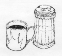  A drawing of coffee cup, filled with coffee, sitting beside a sugar dispenser.