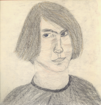 A drawing of a young man with long hair